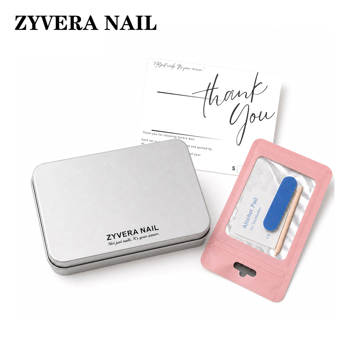 Zyvera Nail tin with adhesive jelly tabs, nail prep file, alcohol pad and wooden cuticle stick