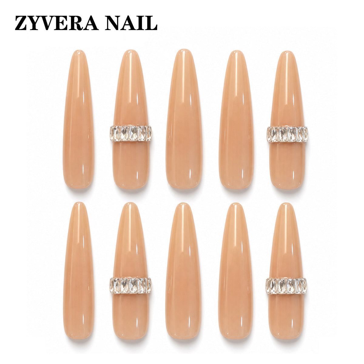 Crystal Band Nude long almond press-on nail set with glossy nude tips and crystal band accents