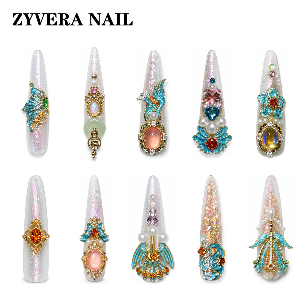Imperial Garden Luxury 3D Press-On Nails – Long Coffin Crystal & Pearl Set