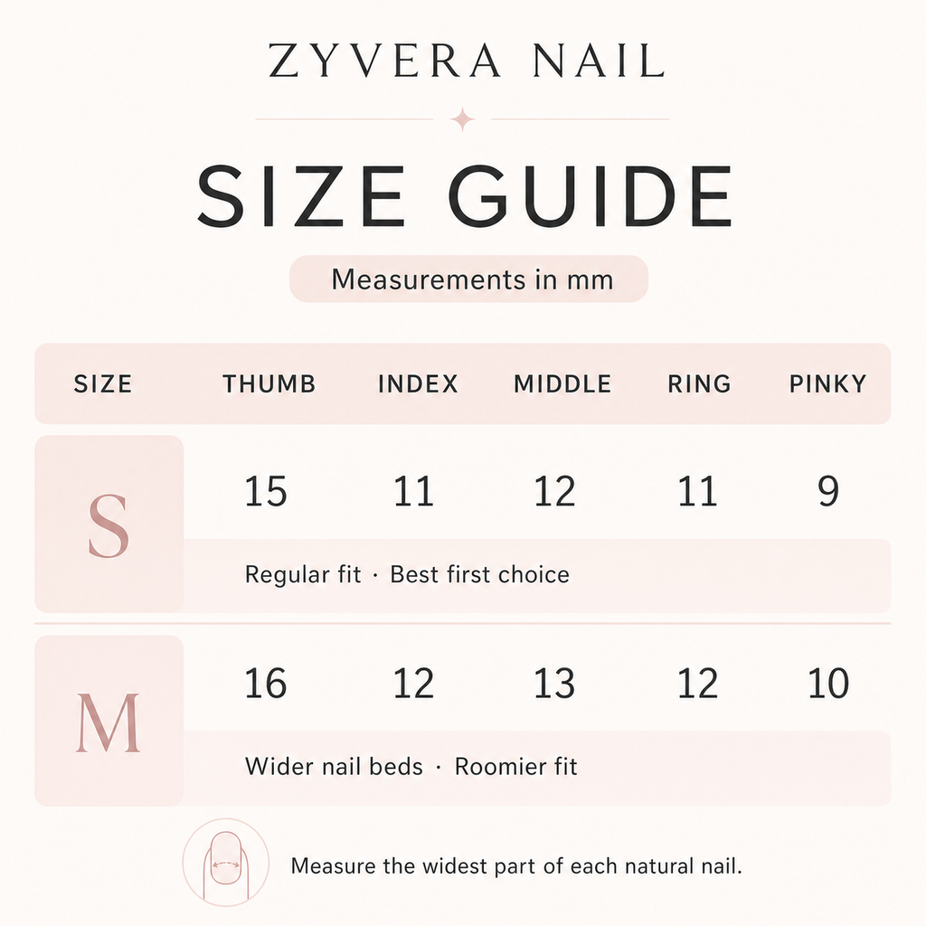 Zyvera Nail S and M press-on nail size guide in millimeters