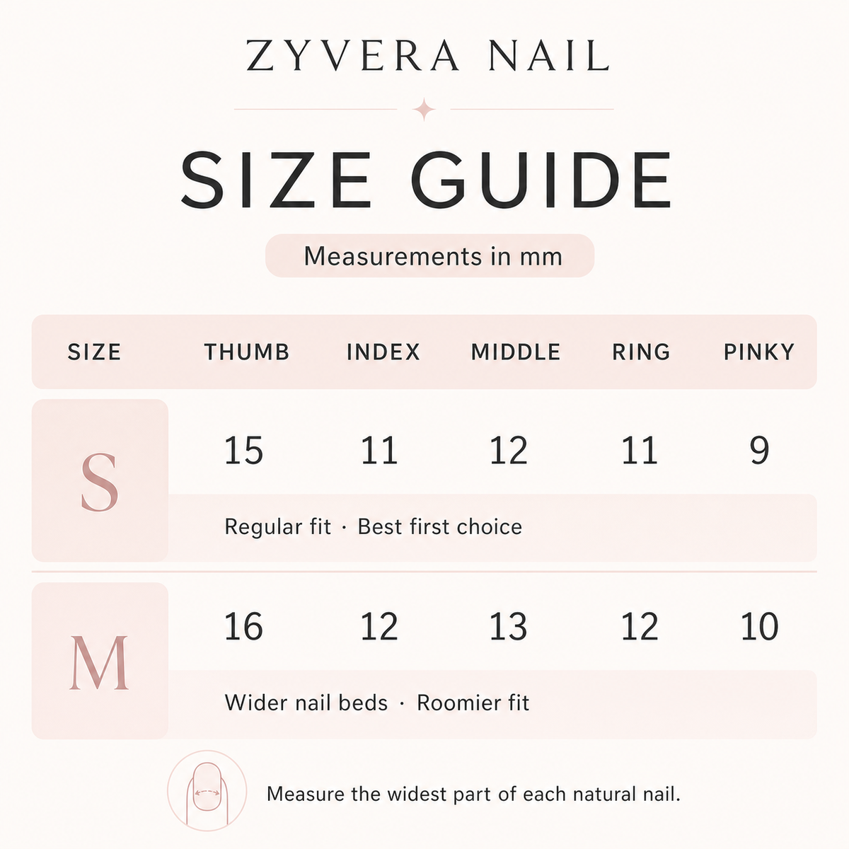 Zyvera Nail S and M press-on nail size guide in millimeters