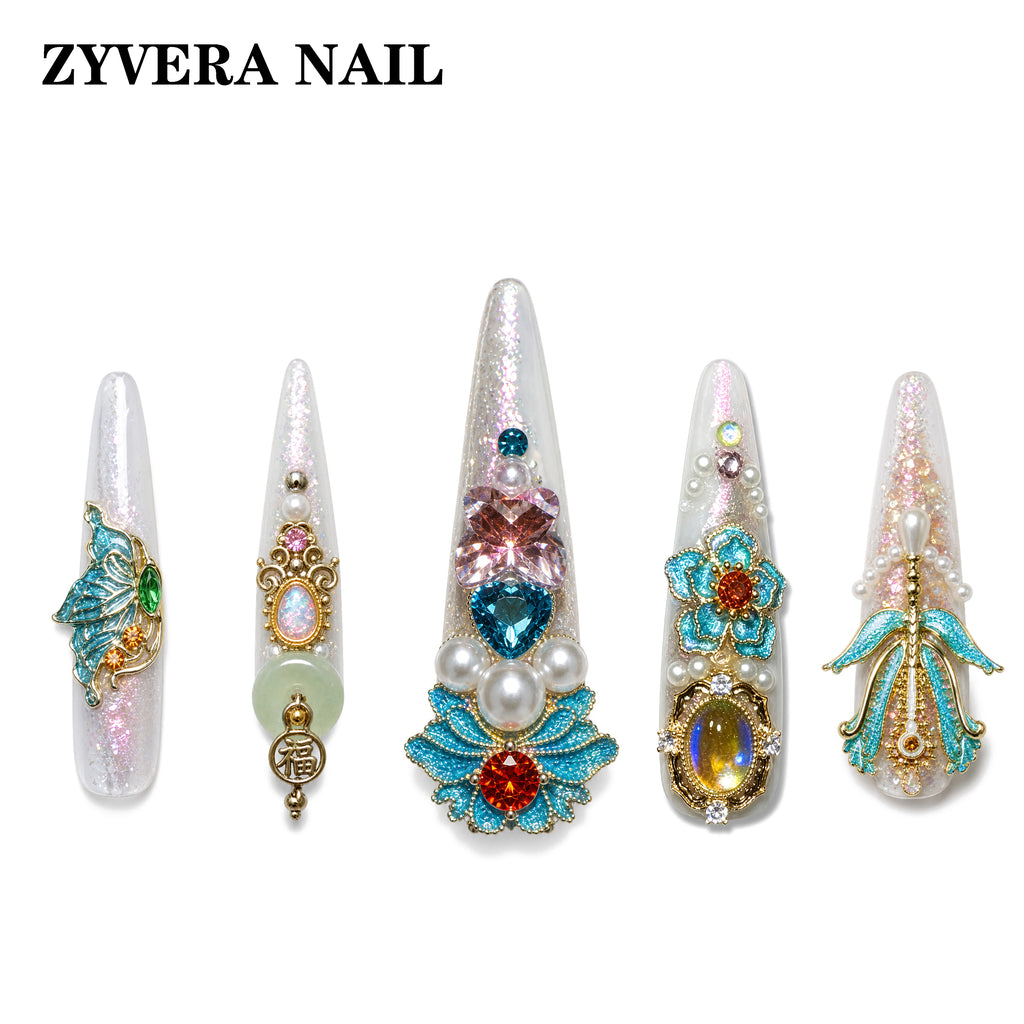 Imperial Garden Luxury 3D Press-On Nails – Long Coffin Crystal & Pearl Set