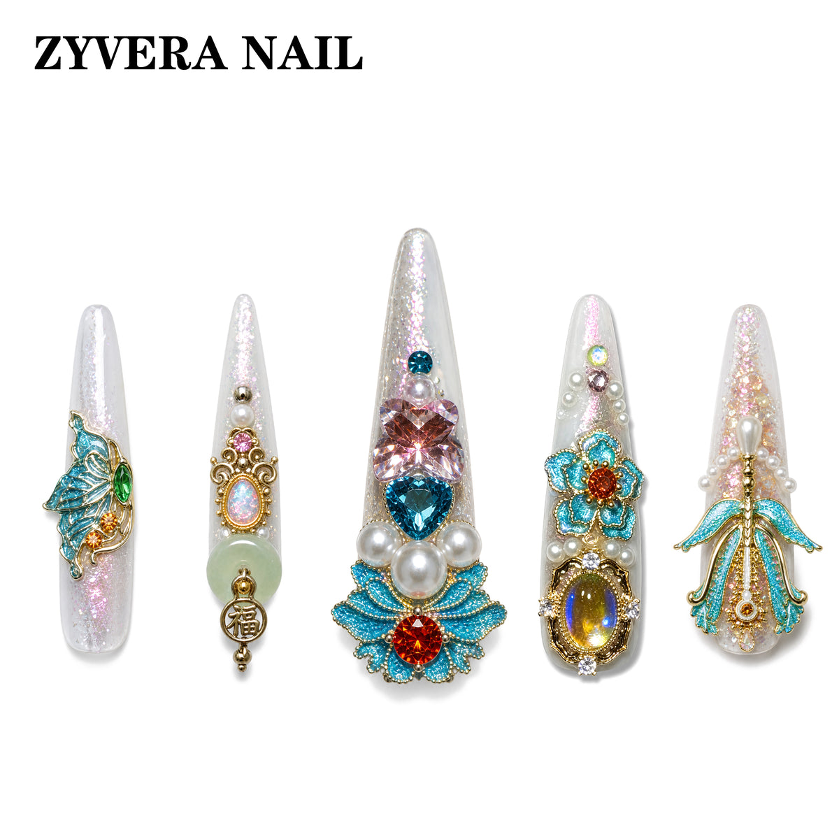 Imperial Garden Luxury 3D Press-On Nails – Long Coffin Crystal & Pearl Set