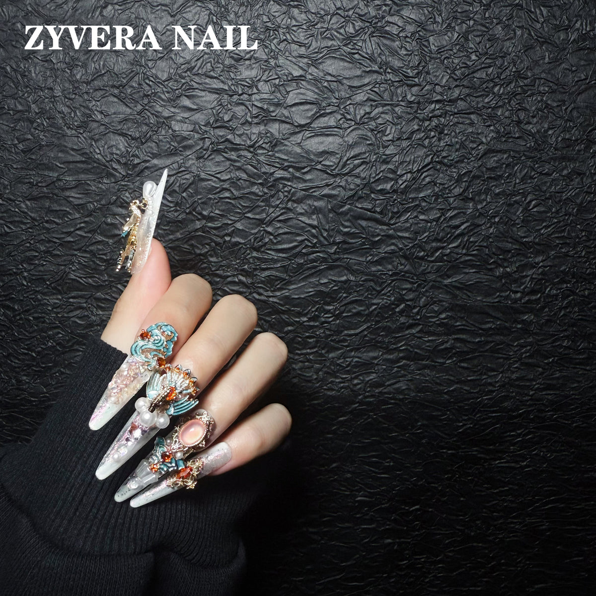 Imperial Garden Luxury 3D Press-On Nails – Long Coffin Crystal & Pearl Set