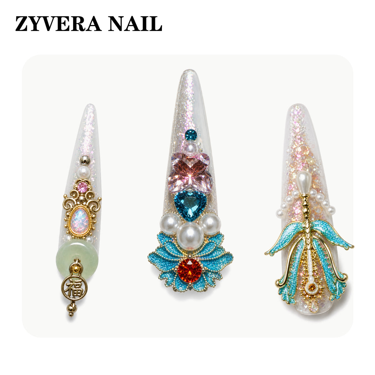 Imperial Garden Luxury 3D Press-On Nails – Long Coffin Crystal & Pearl Set