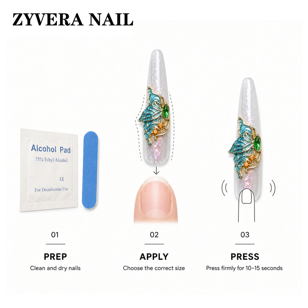 Imperial Garden Luxury 3D Press-On Nails – Long Coffin Crystal & Pearl Set