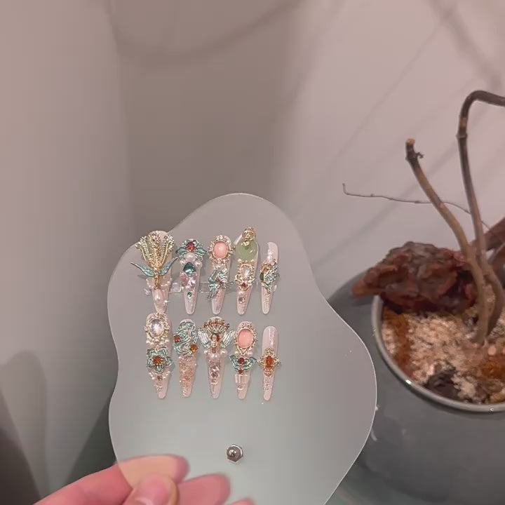 Imperial Garden Luxury 3D Press-On Nails – Long Coffin Crystal & Pearl Set