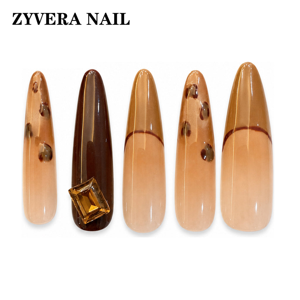 amber brown tortoiseshell long coffin press-on nails featured nail designs
