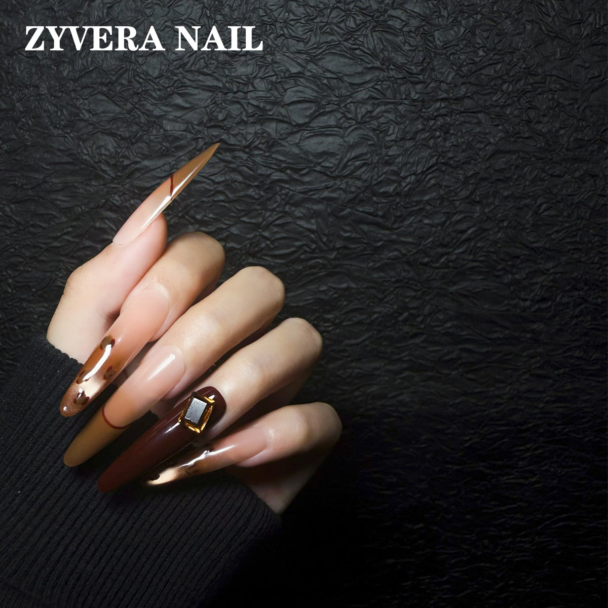 amber brown tortoiseshell long coffin press-on nails worn on hand