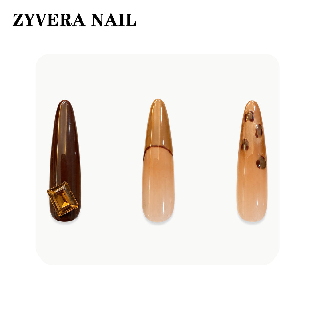 amber brown tortoiseshell long coffin press-on nails three-nail detail view