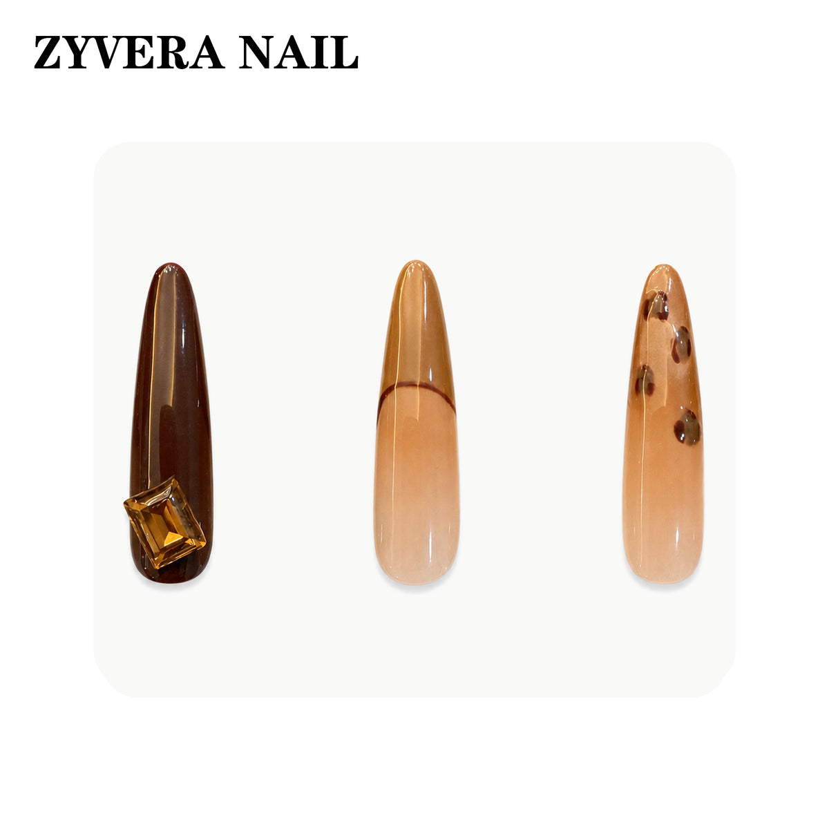 amber brown tortoiseshell long coffin press-on nails three-nail detail view