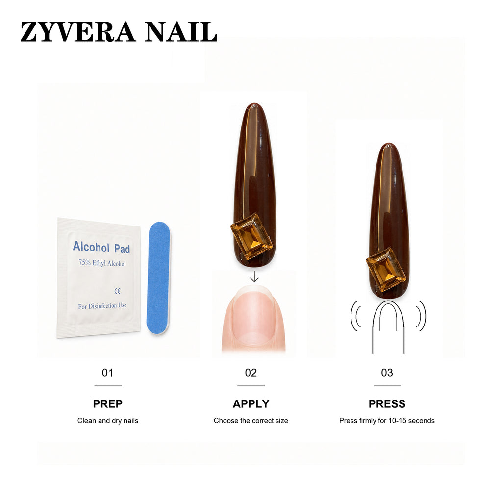 Zyvera Nail press-on nail application steps and included tools