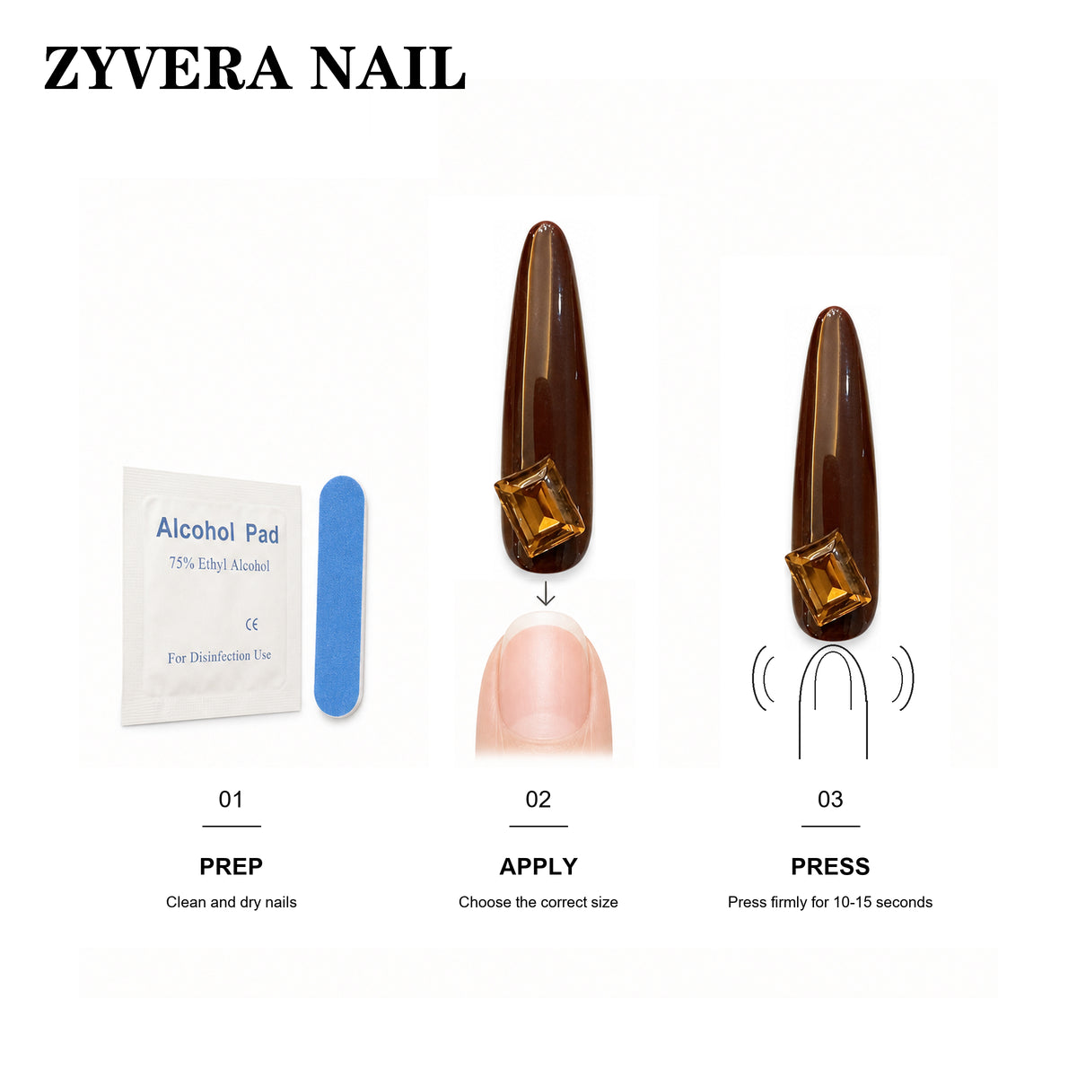 Zyvera Nail press-on nail application steps and included tools