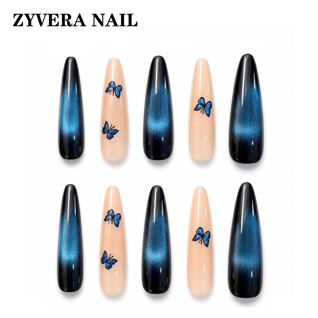 midnight blue ombre butterfly long coffin press-on nails full ten-piece set