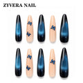 midnight blue ombre butterfly long coffin press-on nails full ten-piece set