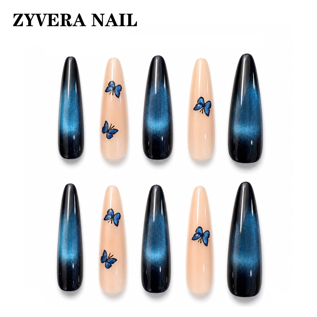 midnight blue ombre butterfly long coffin press-on nails full ten-piece set