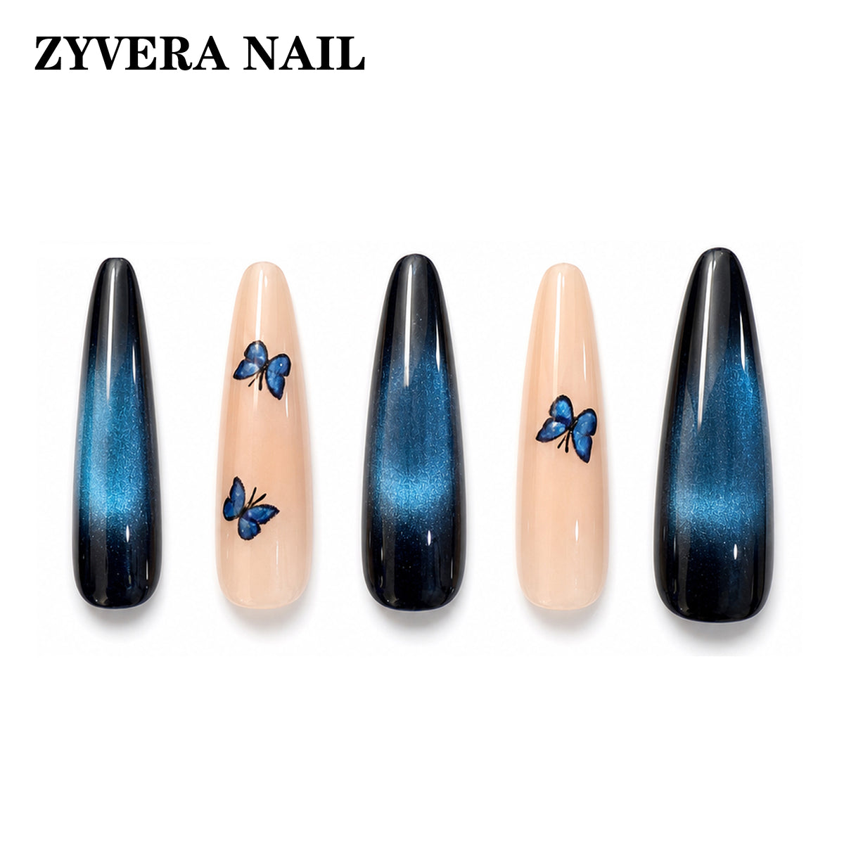 midnight blue ombre butterfly long coffin press-on nails featured nail designs