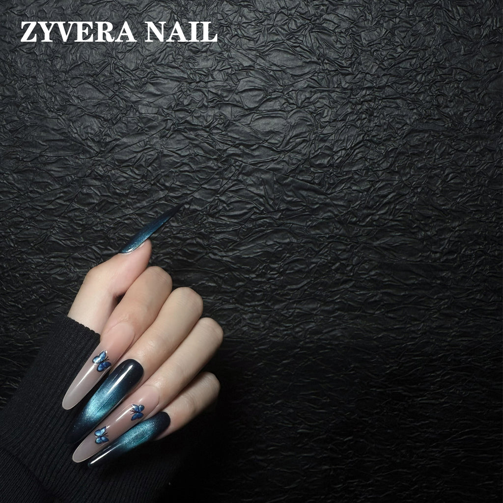 midnight blue ombre butterfly long coffin press-on nails worn on hand
