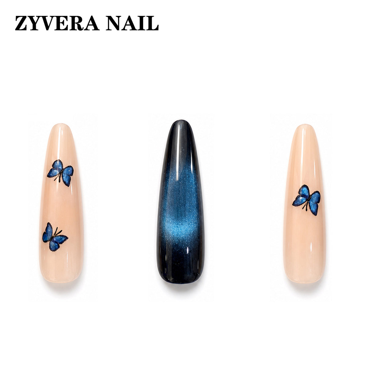 midnight blue ombre butterfly long coffin press-on nails three-nail detail view