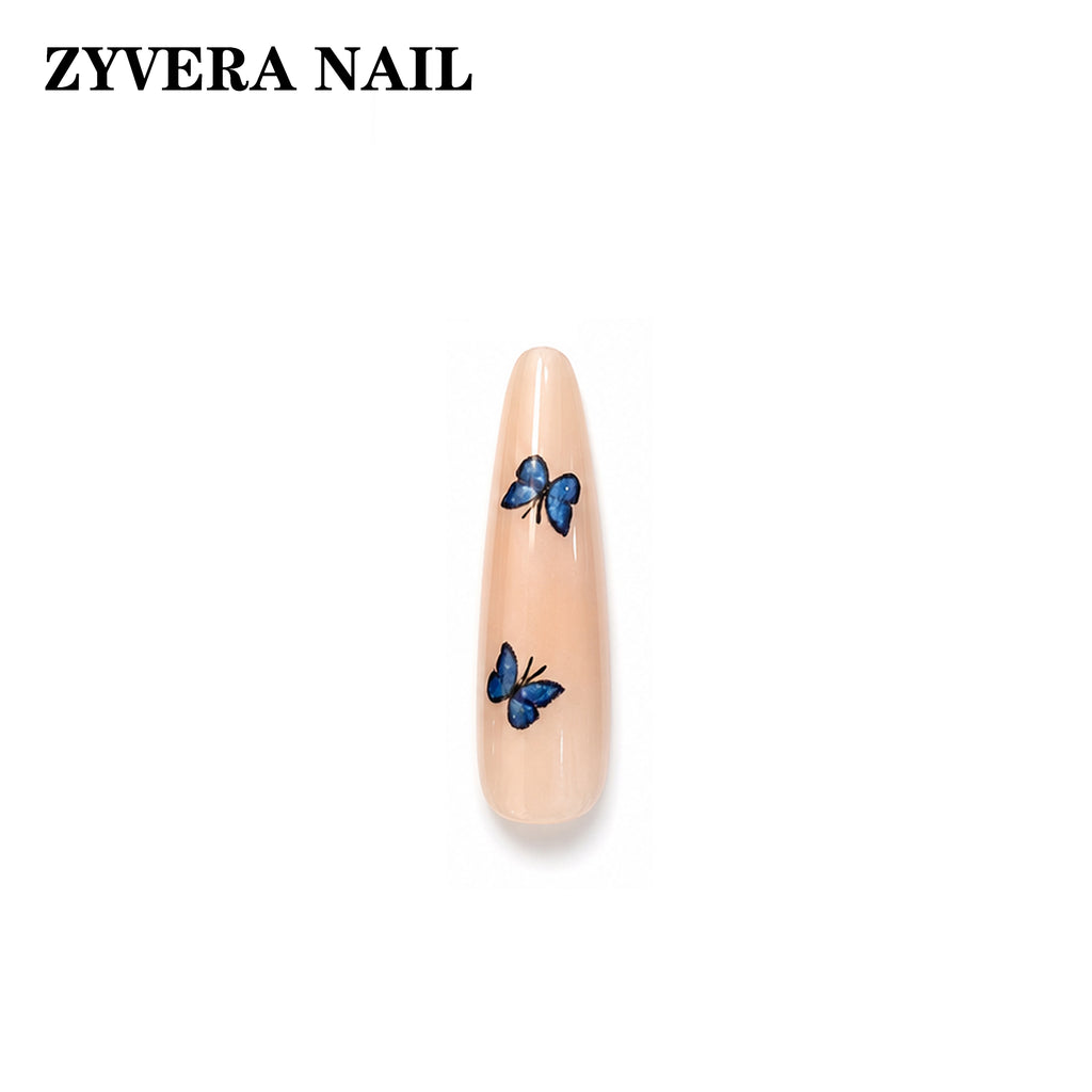 midnight blue ombre butterfly long coffin press-on nails single nail macro detail