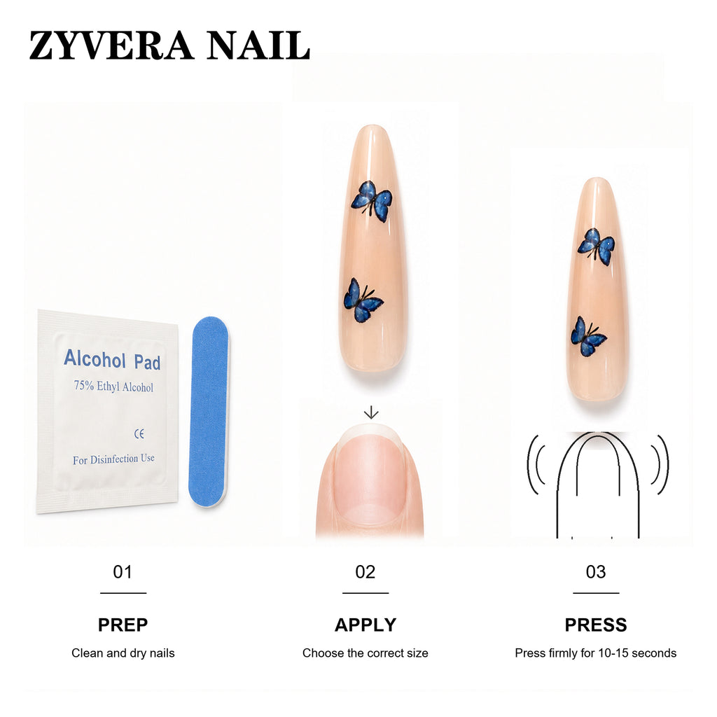 Zyvera Nail press-on nail application steps and included tools