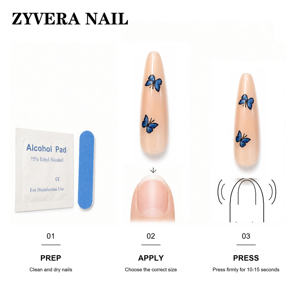 Zyvera Nail press-on nail application steps and included tools