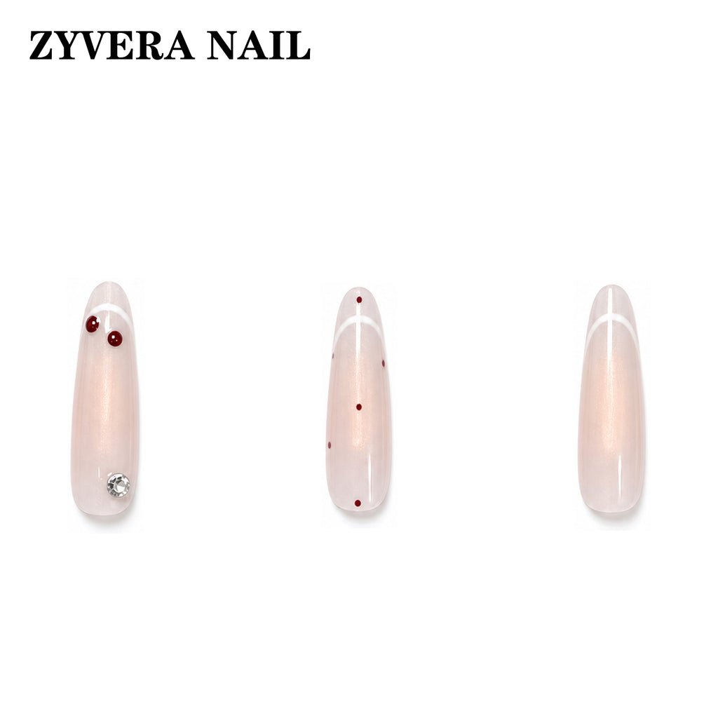 soft pink cherry French tip oval press-on nails three-nail detail view