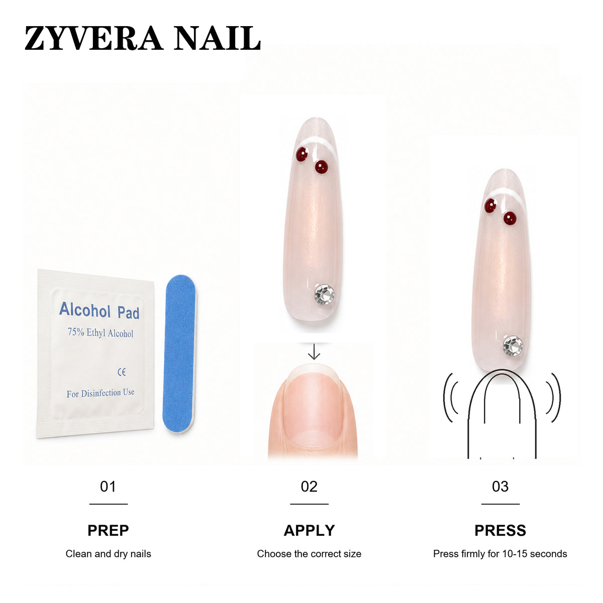 Zyvera Nail press-on nail application steps and included tools