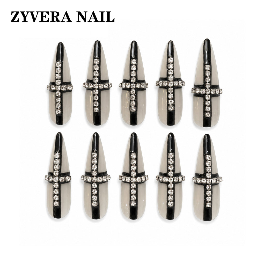 black smoky clear crystal cross stiletto press-on nails full ten-piece set