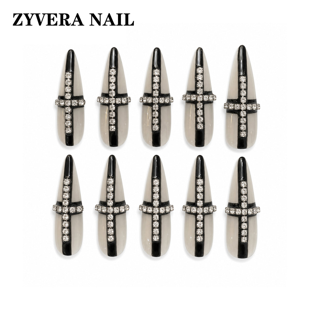 black smoky clear crystal cross stiletto press-on nails full ten-piece set