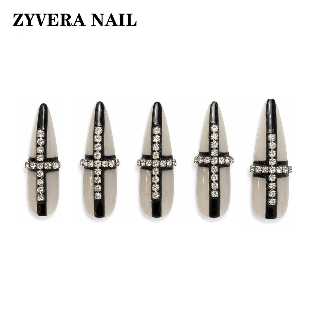 black smoky clear crystal cross stiletto press-on nails featured nail designs