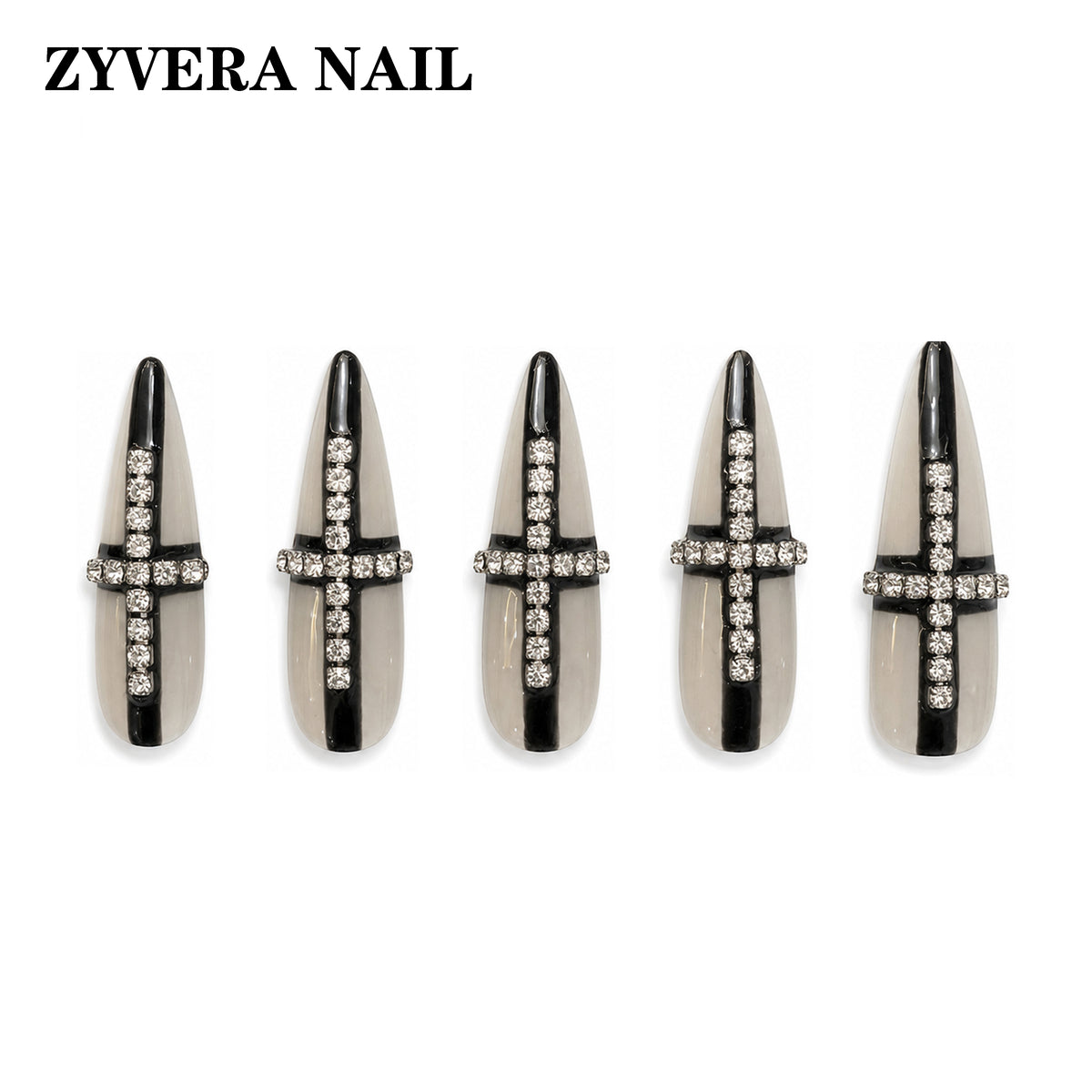 black smoky clear crystal cross stiletto press-on nails featured nail designs