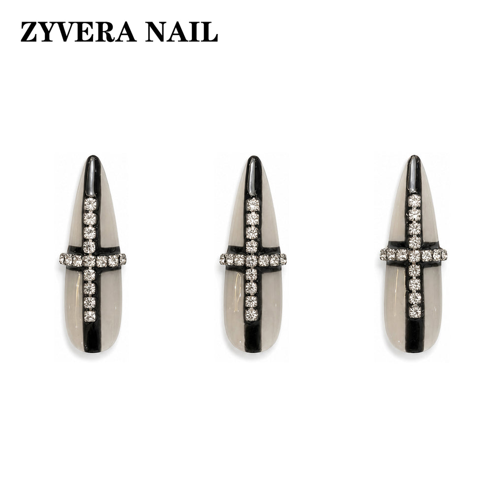 black smoky clear crystal cross stiletto press-on nails three-nail detail view