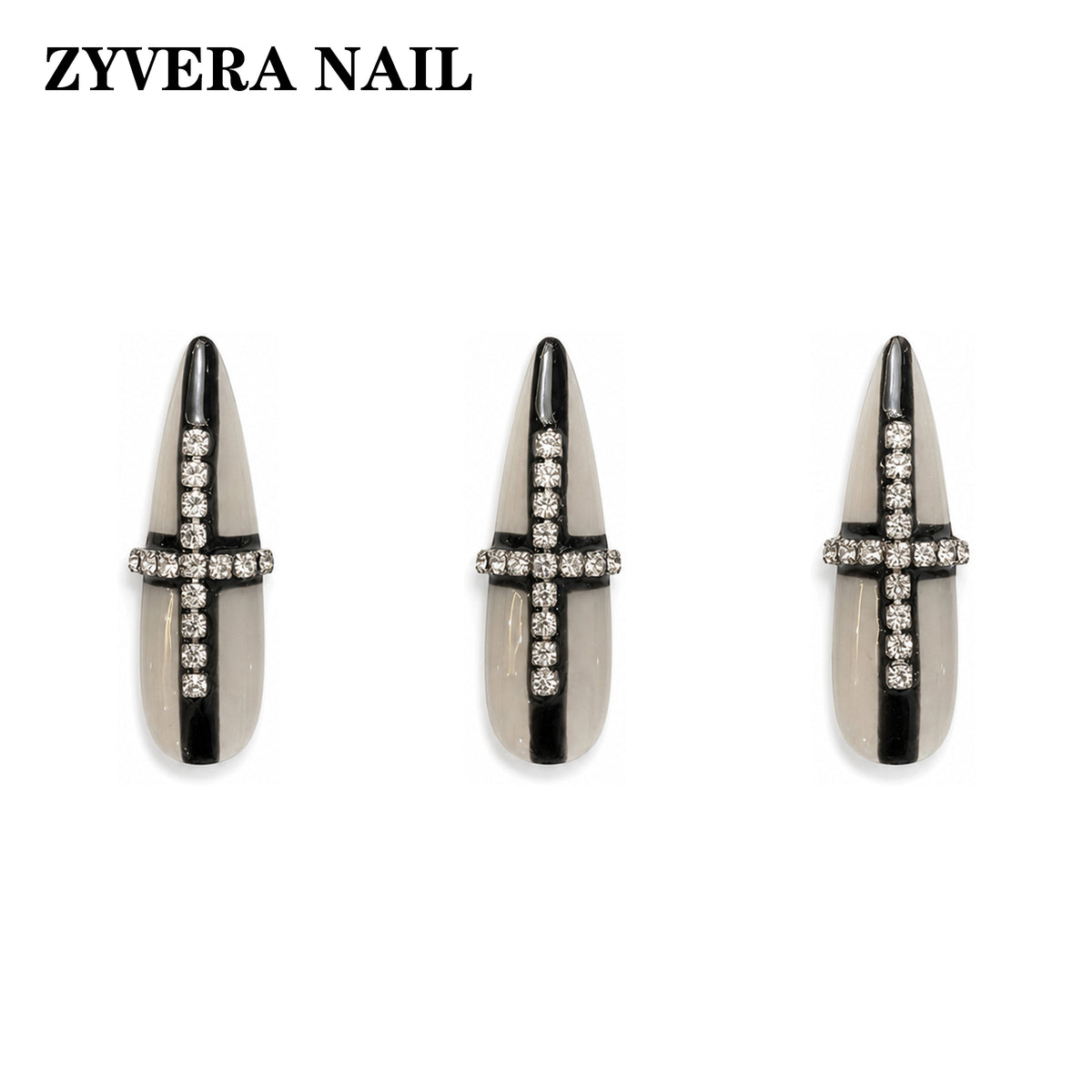 black smoky clear crystal cross stiletto press-on nails three-nail detail view