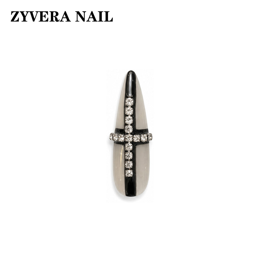 black smoky clear crystal cross stiletto press-on nails single nail macro detail