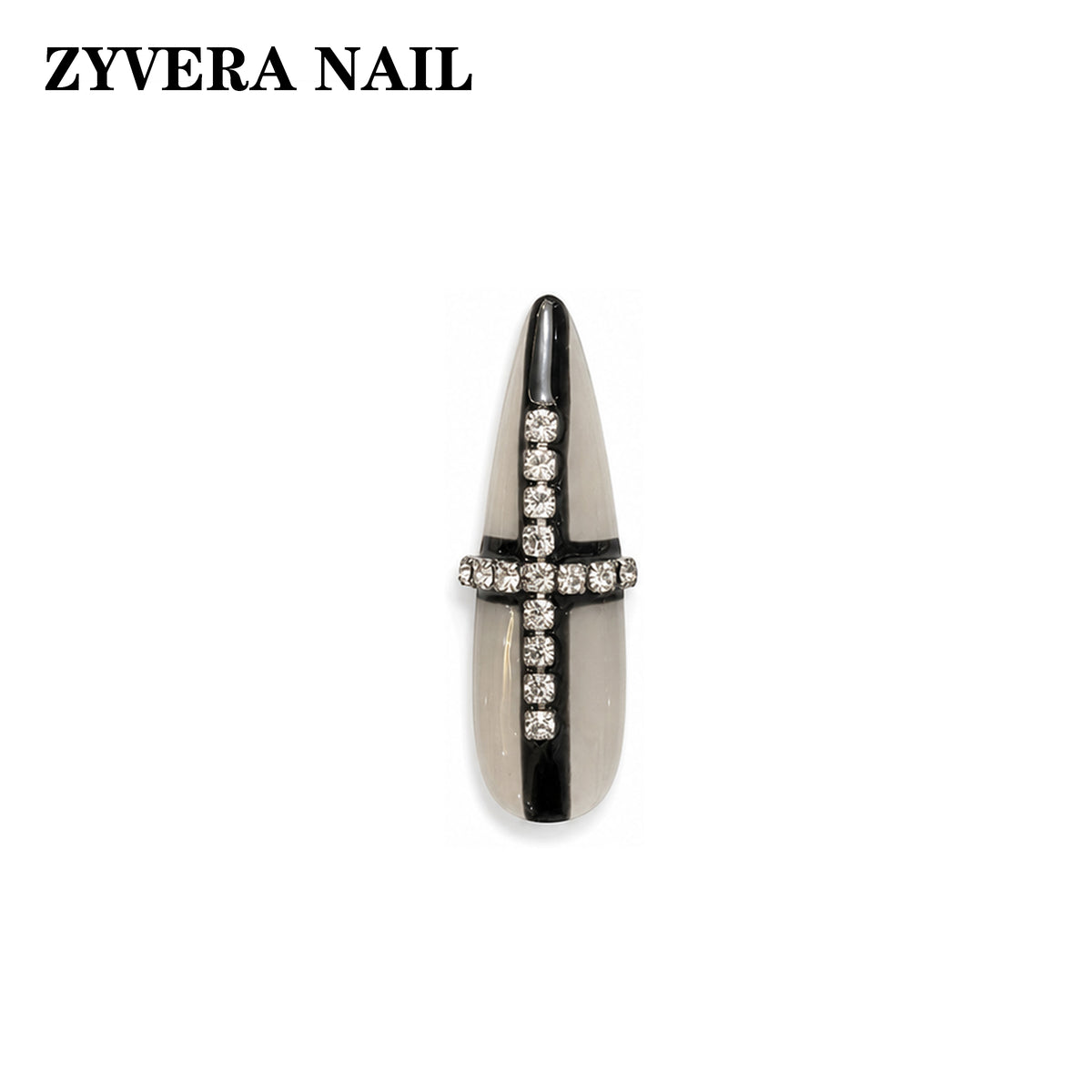 black smoky clear crystal cross stiletto press-on nails single nail macro detail