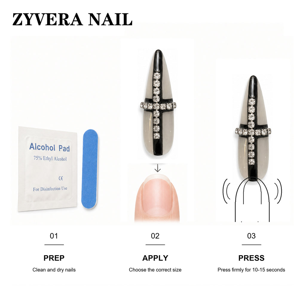 Zyvera Nail press-on nail application steps and included tools