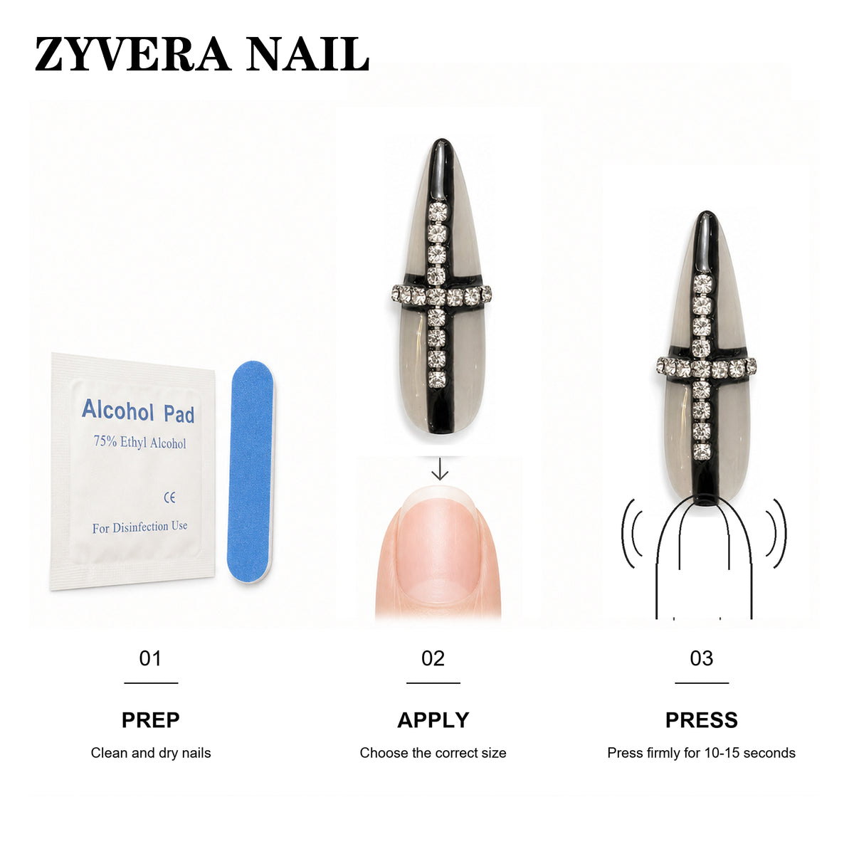 Zyvera Nail press-on nail application steps and included tools