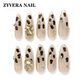 nude brown leopard crystal almond press-on nails full ten-piece set