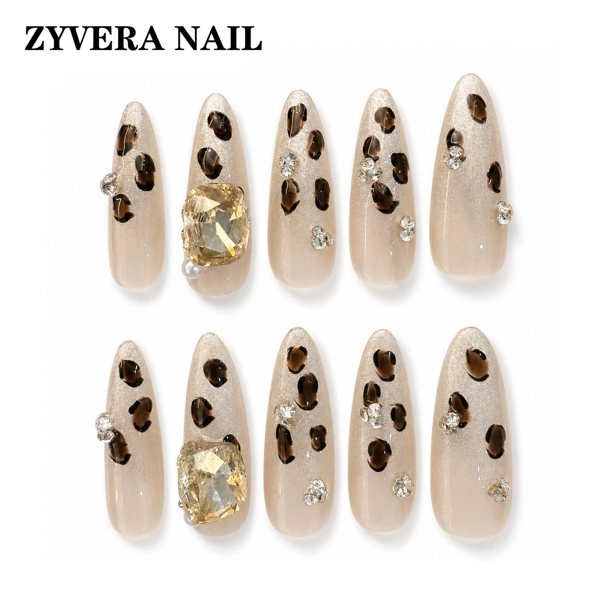 nude brown leopard crystal almond press-on nails full ten-piece set