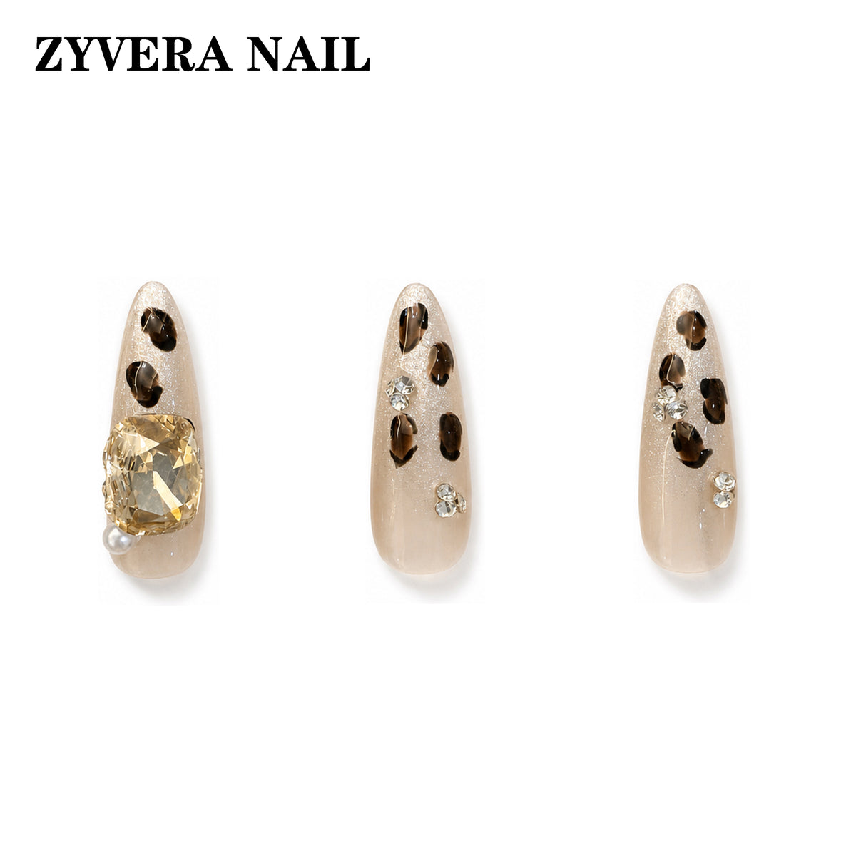 nude brown leopard crystal almond press-on nails three-nail detail view