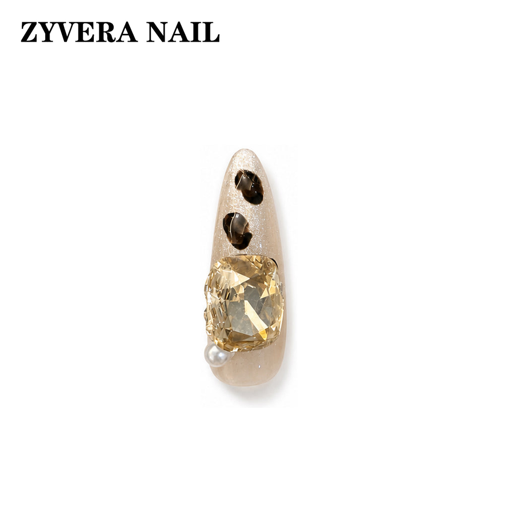 nude brown leopard crystal almond press-on nails single nail macro detail