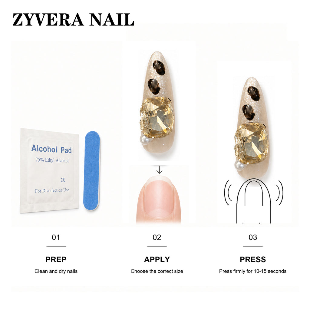 Zyvera Nail press-on nail application steps and included tools