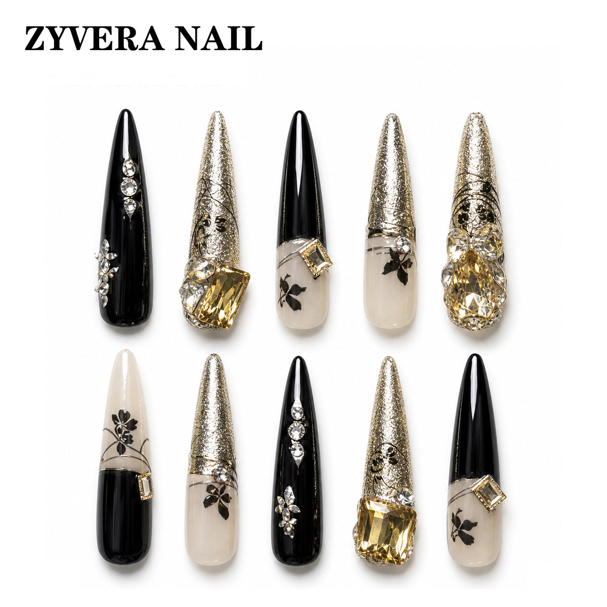 black gold baroque crystal long coffin press-on nails full ten-piece set