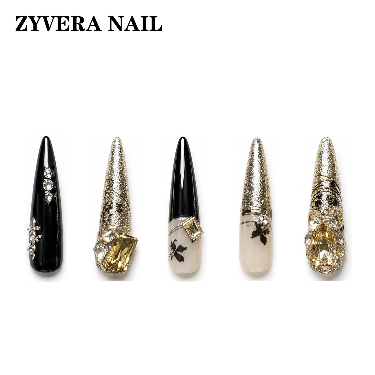 black gold baroque crystal long coffin press-on nails featured nail designs