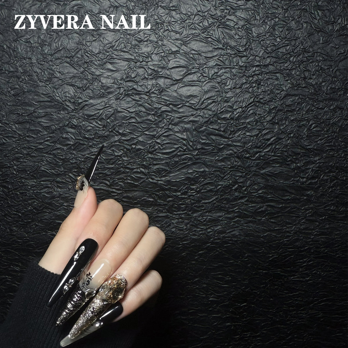 black gold baroque crystal long coffin press-on nails worn on hand
