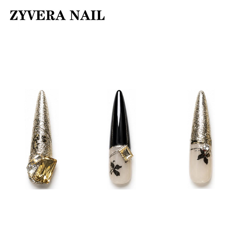 black gold baroque crystal long coffin press-on nails three-nail detail view
