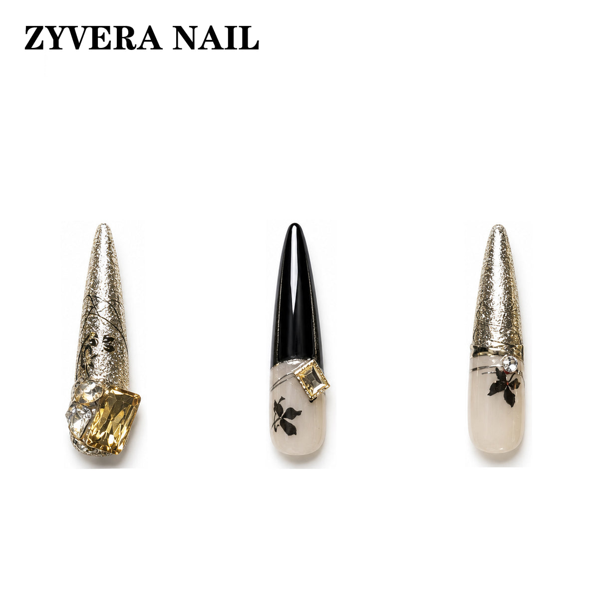 black gold baroque crystal long coffin press-on nails three-nail detail view
