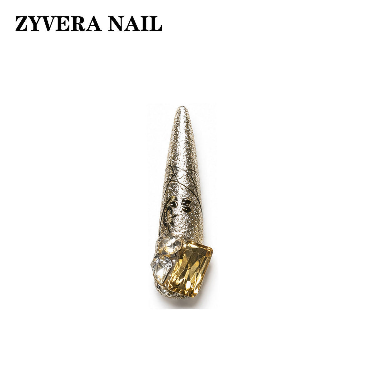 black gold baroque crystal long coffin press-on nails single nail macro detail