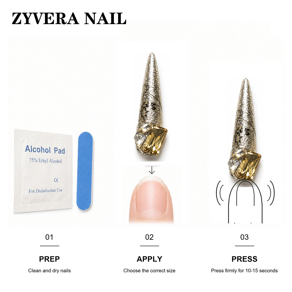 Zyvera Nail press-on nail application steps and included tools